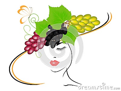 Girl in a hat with grapes and a butterfly. Vector Illustration