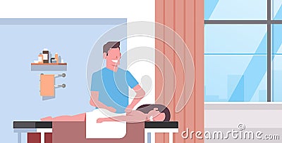 Girl having back massage professional masseur massaging patient body woman relaxing lying on table medical clinic Vector Illustration