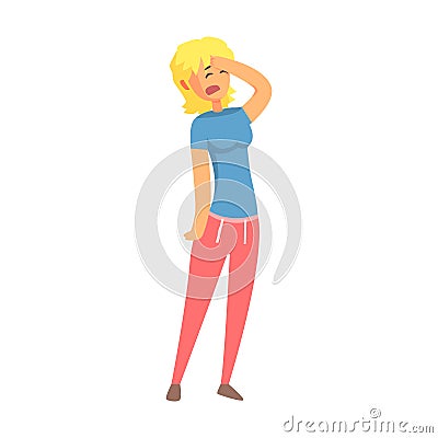 Girl Having Migraine Headache, Adult Person Feeling Unwell, Sick, Suffering From Illness Vector Illustration