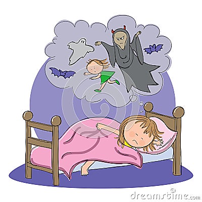 Girl having nightmare whilst sleeping Vector Illustration