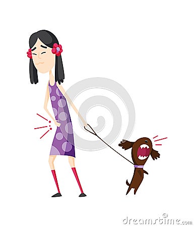 Girl having stomachache symptoms of appendicitis with large, small intestine and appendix. Young girl with dog clutched Vector Illustration