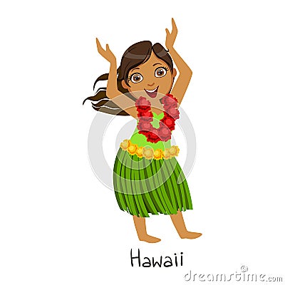 Girl In Hawaii Country National Clothes, Wearing Leaf Skirt And Neck Flower Garland Traditional For The Nation Vector Illustration