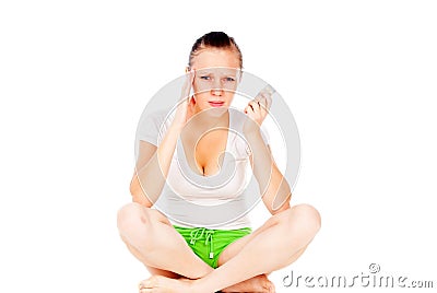 Girl headache, hold pills Stock Photo