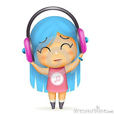 Girl headphones happy listen music isolated 3d cartoon design vector children Illustration Vector Illustration