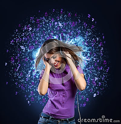 Girl with headphones listen to music Stock Photo