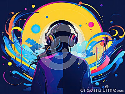 girl in headphones listening music. fantasy graffiti illustration. watercolor painting, in the style of stencil and Cartoon Illustration