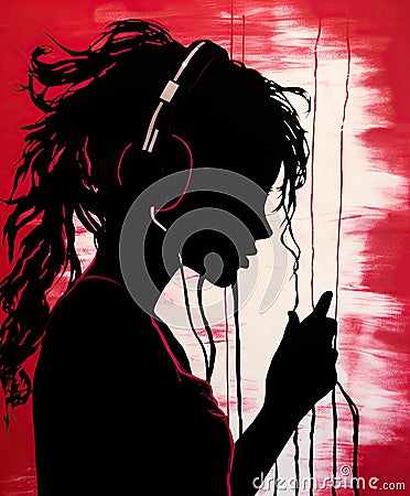 girl in headphones listening music. fantasy graffiti illustration. watercolor painting, in the style of stencil and Cartoon Illustration