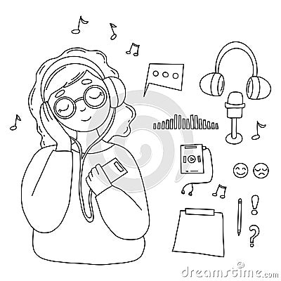 Girl in headphones listens to music. Vector illustration. Collection doodles podcast, music, hobby and cute female Vector Illustration