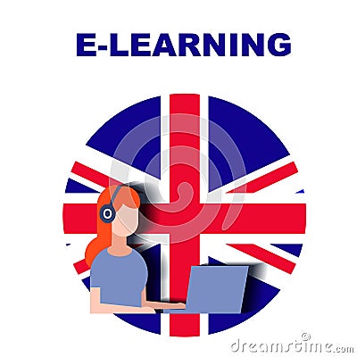 Girl with headphones studying English over the Internet Cartoon Illustration