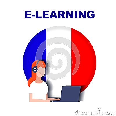 Girl with headphones studying French over the Internet Cartoon Illustration