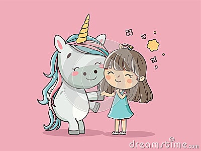 Girl and her Beloved Unicorn Companion Vector Illustration