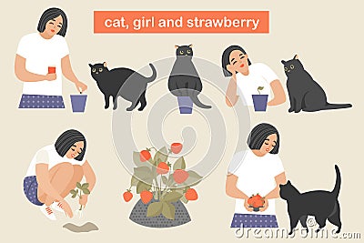 A girl and her cat grow strawberries, plant seeds in a pot, look after seedlings, transplant a seedling in a garden and enjoy ripe Vector Illustration