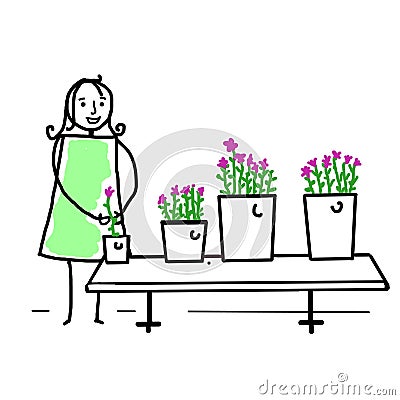 Girl with her cut plants for sale in her small business shop.feeling good, cartoon Cartoon Illustration