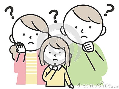 A girl and her parents with a troubled expression with a question mark on their head Cartoon Illustration