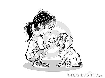 Girl and Her Pet in Outline Style Vector Illustration