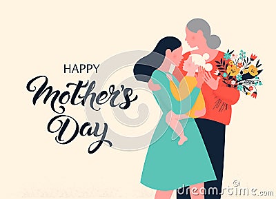 Girl are hiding her mom and grandma with bouquet of flowers. Cute cartoon characters. Flat vector illustration. Vector Illustration