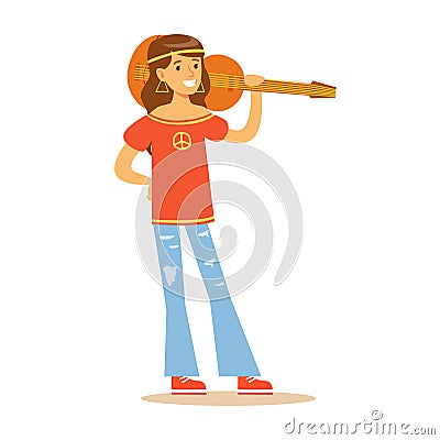 Girl Hippie Dressed In Classic Woodstock Sixties Hippy Subculture Clothes With Peace Print And Guitar Vector Illustration