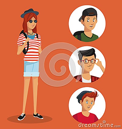 Girl hipster teen boys icons Vector Illustration
