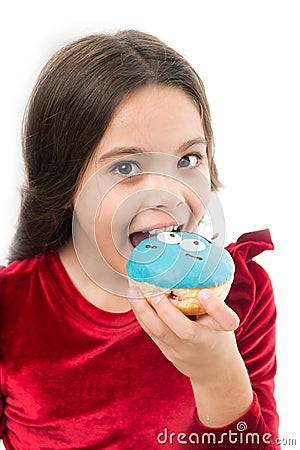 Girl hold glazed donut white background. Kid girl hungry for sweet donut. Donut become so popular. Sugar levels and Stock Photo