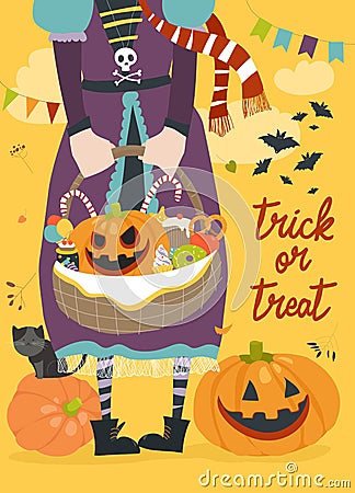 Girl holding basket with pumpkin and sweets Vector Illustration