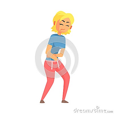 Girl Holding Belly In Stomach Cramps Pain, Adult Person Feeling Unwell, Sick, Suffering From Illness Vector Illustration