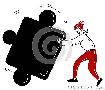 Girl is holding big black jigsaw puzzle and try to replace it. Beautiful hand drawn vector doodle woman in red pants and hoody. Vector Illustration