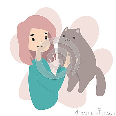 Girl holding big fluffy cat. They are friends, loving cats very much happy pets. Cat`s day. Adopt pets. Cartoon vector style Vector Illustration