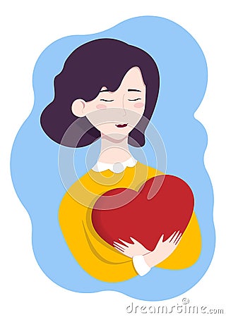 A girl holding a big red heart. Valentine`s Day. Beautiful young girl with a short haircut. Sweet enamored girl with a heart in Vector Illustration