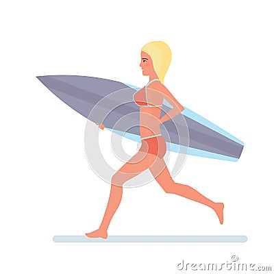 Girl holding board in hands, runs along beach in swimsuit. Vector Illustration