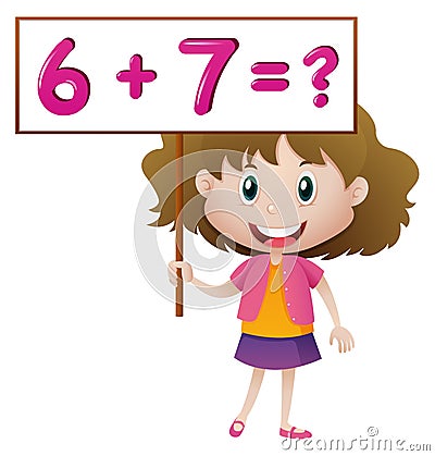 Girl holding board with math problem Cartoon Illustration