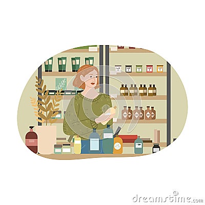 Girl holding bottle of chosen bodycare product in cosmetics store Vector Illustration