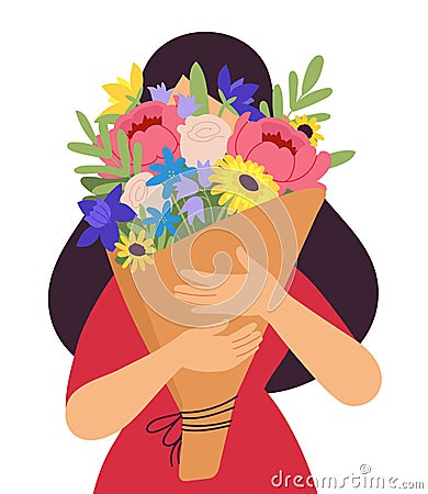 Girl holding bouquet. Spring flower, present for mother. Beauty gift on birthday, valentine day or woman greetings Vector Illustration