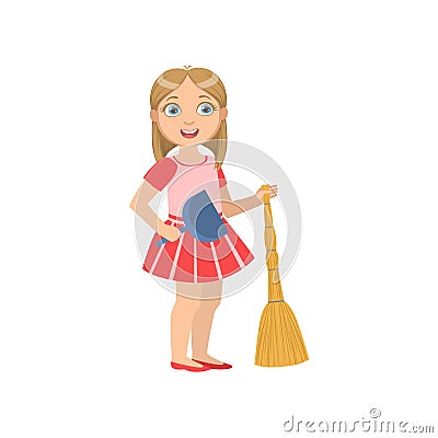 Girl Holding The Broom And Duster Vector Illustration