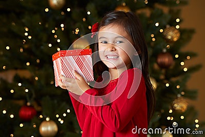 Girl Holding Christmas Present In Front Of Tree Stock Photo