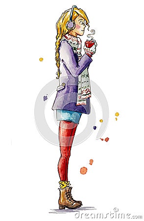 girl holding a cup of coffee. Christmas look Cartoon Illustration