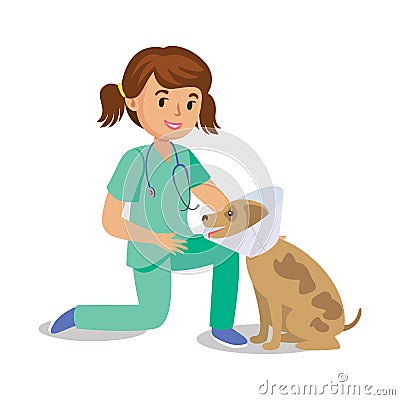 Girl holding dog. Vet girl, pet doctor. Cute cartoon girl Vector Illustration