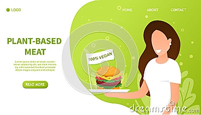 Girl holding a Fake Meat Burger. Artificial Cultured meat Concept. Lab grown burger. Plant based beyond meat hamburger Vector Illustration