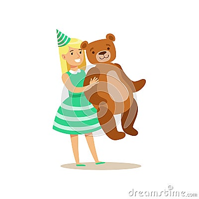 Girl Holding Giant Teddy Bear, Kids Birthday Party Scene With Cartoon Smiling Character Vector Illustration