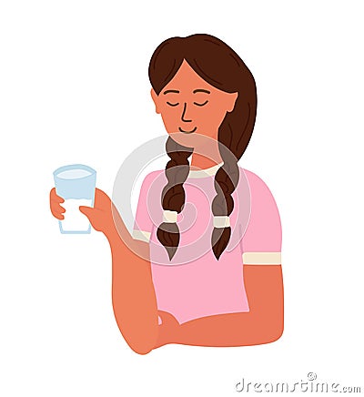 Girl holding a glass of milk in her hands. she is smiling. Favourite drink. Happy chilhood. Cartoon vector illustration isolated Cartoon Illustration