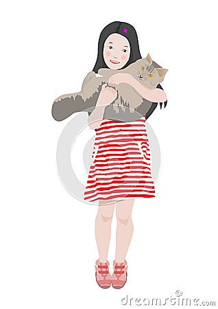 Girl Holding Her Cat Vector Illustration