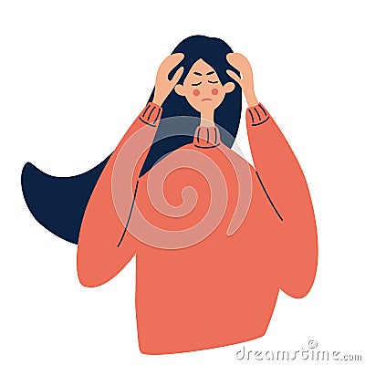 Girl holding her head with her hand, migraine, headache. Headaches from illness or ..nervous tension, stress, tiredness from work Vector Illustration