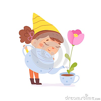 Girl holding huge watering can in hands to water flower in flowerpot vector illustration. Cartoon happy character with Vector Illustration