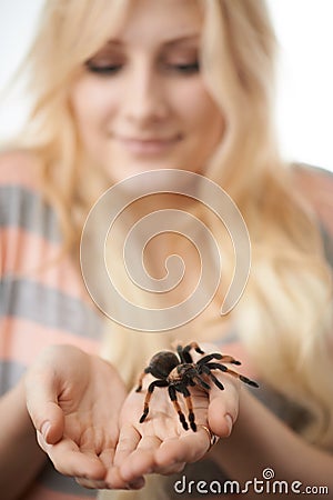 Girl holding a large spider on her hands Stock Photo