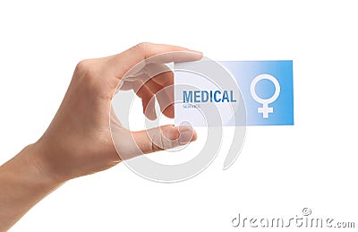 Girl holding medical business card on white, closeup. Women`s health service Stock Photo