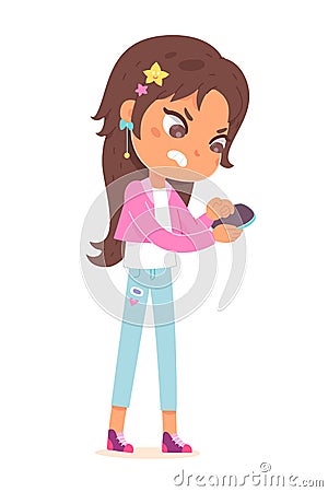 Girl holding mobile phone, young female person wearing casual jeans and jacket Vector Illustration