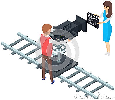 Girl holding movie clapper on camera. Process of filming. Man working with film creation equipment Vector Illustration