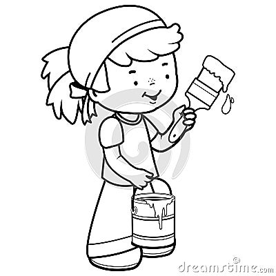 Child painting with a paint brush and holding a paint bucket. Vector black and white coloring page. Vector Illustration