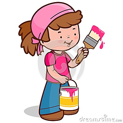 Girl painting with a paint brush and a bucket. Vector illustration Vector Illustration