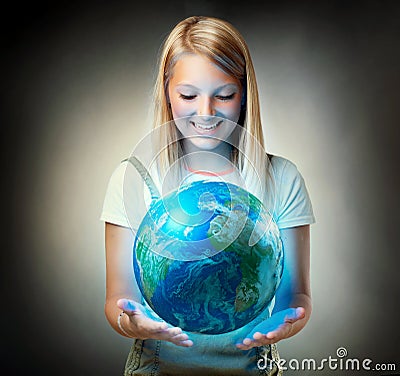 Girl holding the Planet Earth Stock Photo