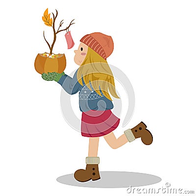 A Girl Holding Pumpkin Pot Vector Illustration